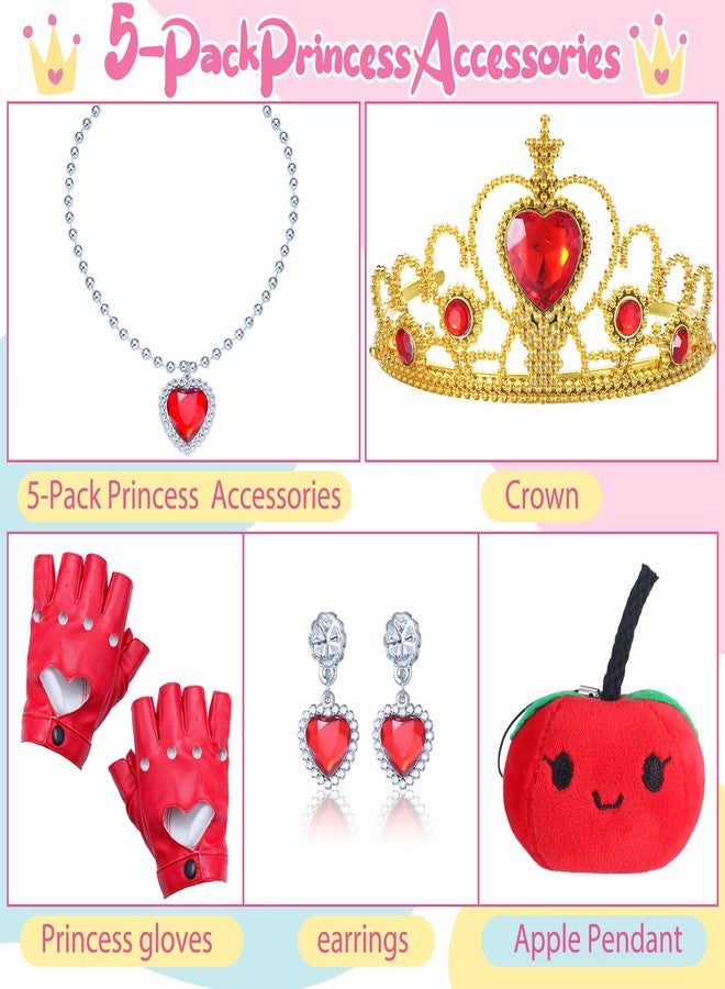 Twistover 5 Pcs Red Heart Crown and Necklace Earrings Jewelry Set Gold Tiaras with Heart Cutout Half Finger PU Leather Performance Gloves Apple Pendent for Women Halloween Costume - Image 2